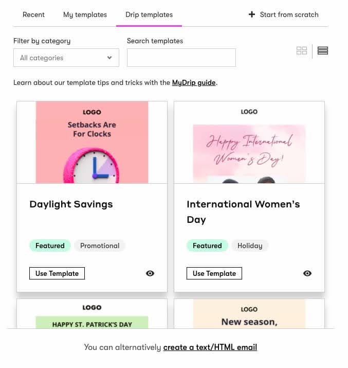 Drip email template collection featuring ecommerce-focused designs with unique visual layouts for Shopify store marketing campaigns and customer engagement