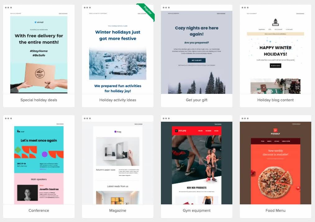 MailerLite email template gallery displaying clean, modern designs for ecommerce marketing with customizable layouts for Shopify store campaigns