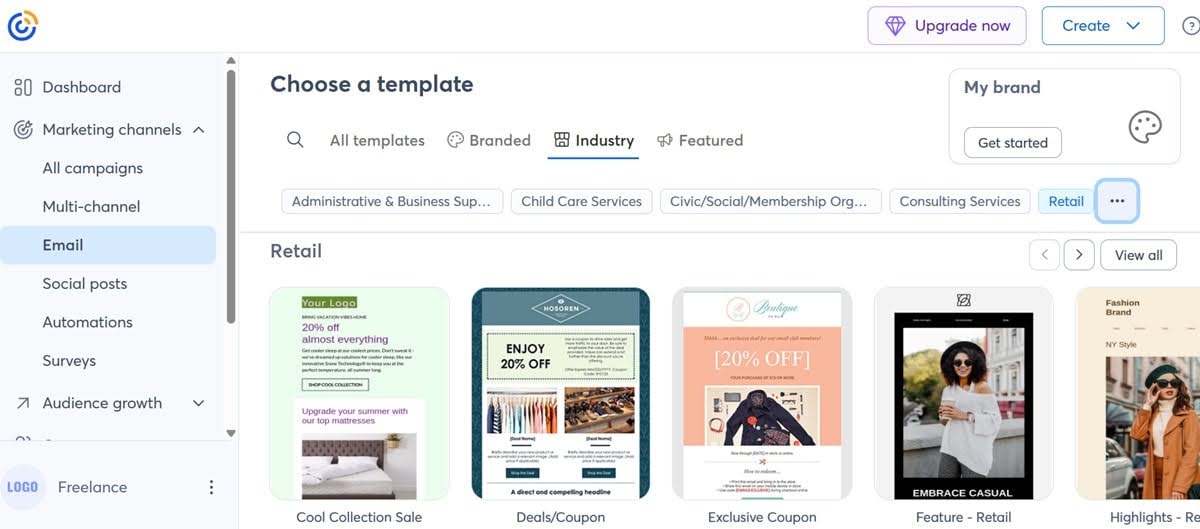 Constant Contact email template library featuring traditional designs for ecommerce marketing with customization options for Shopify store campaigns
