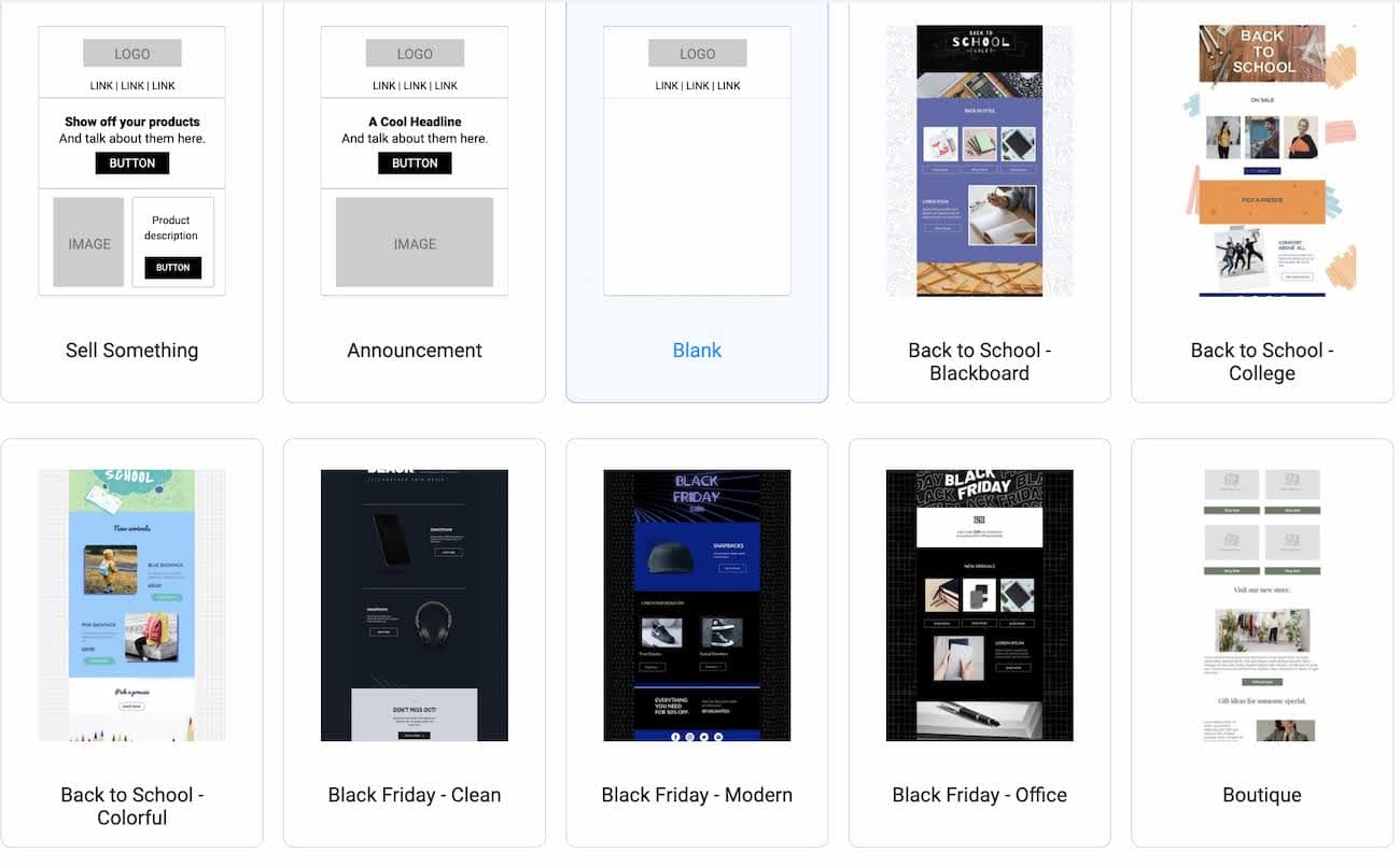 SmartrMail email template collection showing mix of modern and basic designs for ecommerce marketing campaigns with simple customization options