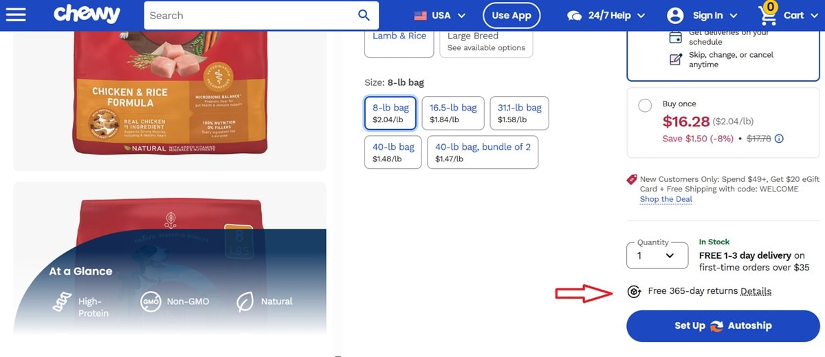 Chewy product page showing return and exchange policy prominently displayed next to autoship call-to-action button to build customer confidence and reduce purchase hesitation