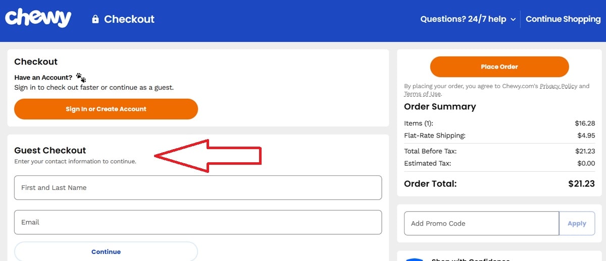 Ecommerce checkout page optimization showing guest checkout option, streamlined form fields, and same billing/shipping address selection to reduce cart abandonment and improve conversion rates