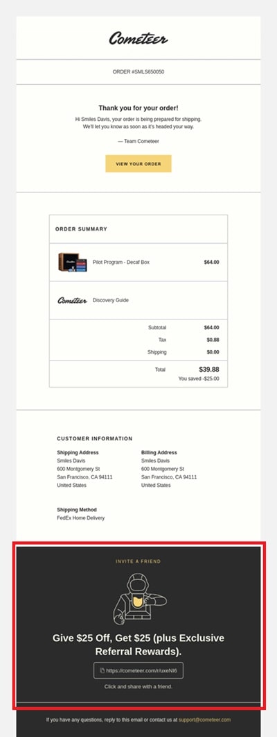Transactional email example promoting loyalty program with points earned, tier status, and rewards available to encourage repeat purchases and increase customer lifetime value