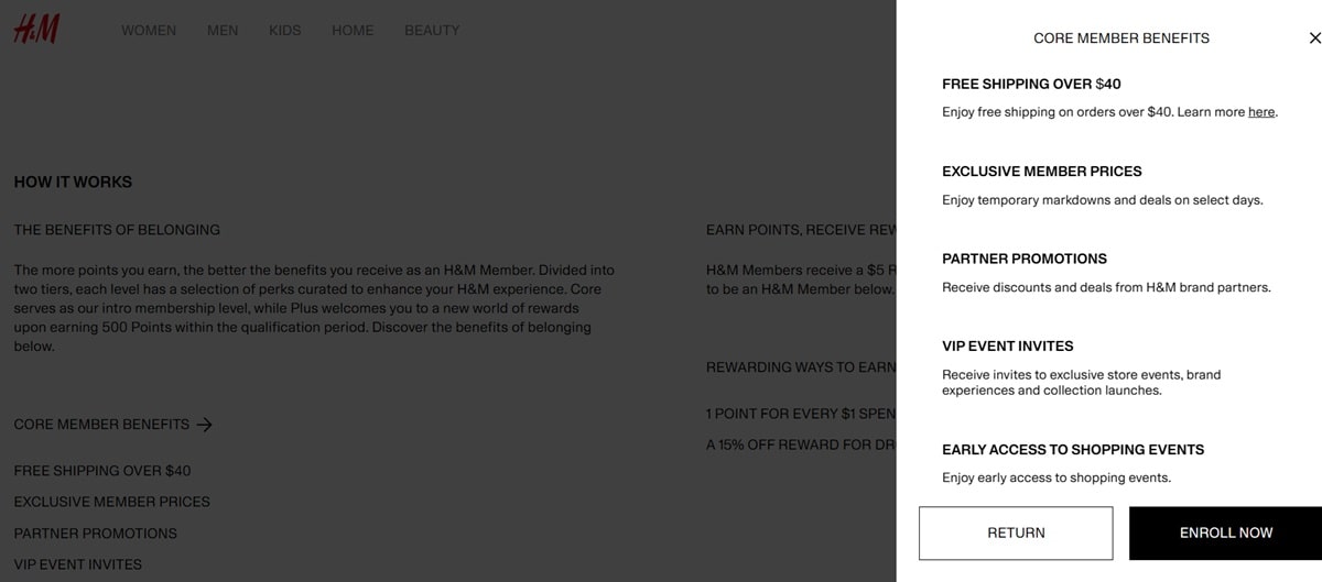 H&M loyalty program benefits showing tiered rewards system with Bronze, Silver, and Gold levels offering increasing perks like free shipping, early access, exclusive offers, and birthday rewards