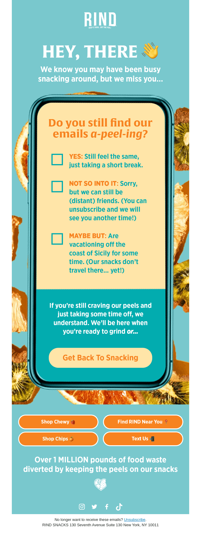 Customer winback email example with 'Still into us?' messaging, product showcase, and re-engagement incentives to reactivate inactive customers