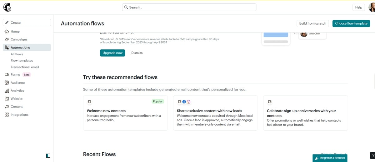 Mailchimp visual automation editor showing workflow creation interface with triggers, conditions, and actions for multi-channel marketing campaigns