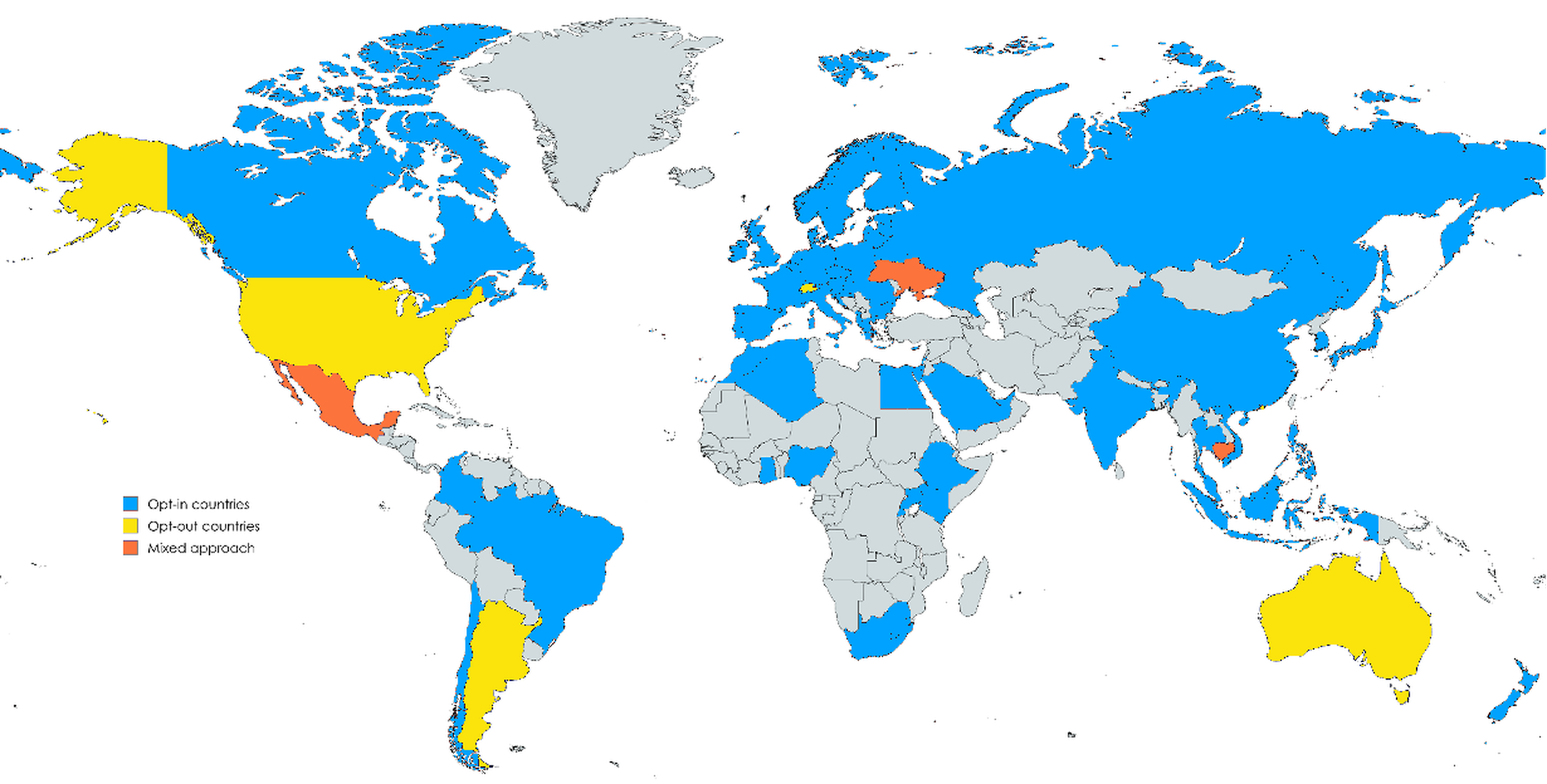 World map showing global email marketing compliance requirements with color-coded regions indicating opt-in versus opt-out jurisdictions and penalty levels