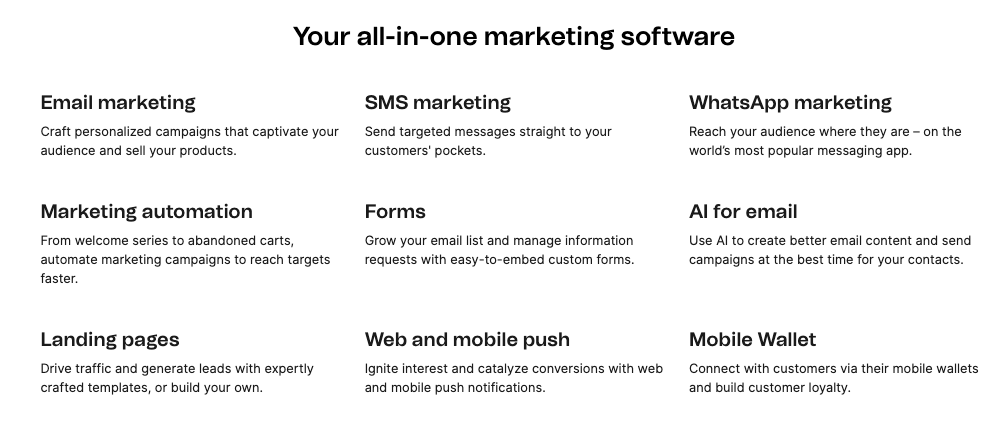 Platforma marketingowa Brevo: email marketing, SMS, WhatsApp, automatyzacja, formularze, AI, landing page, powiadomienia push i portfel mobilny.