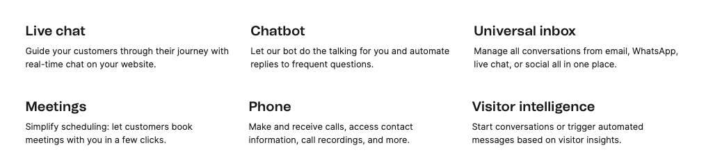 Platforma konwersacyjna Brevo: live chat, chatbot, uniwersalna skrzynka, spotkania, telefon i inteligencja odwiedzających.