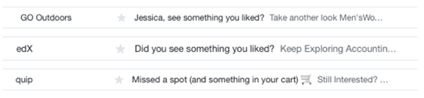 Email inbox showing creative and engaging abandoned cart email subject lines