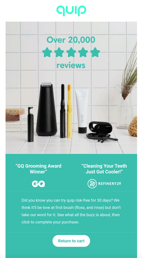 Abandoned cart email featuring customer testimonials and social proof elements