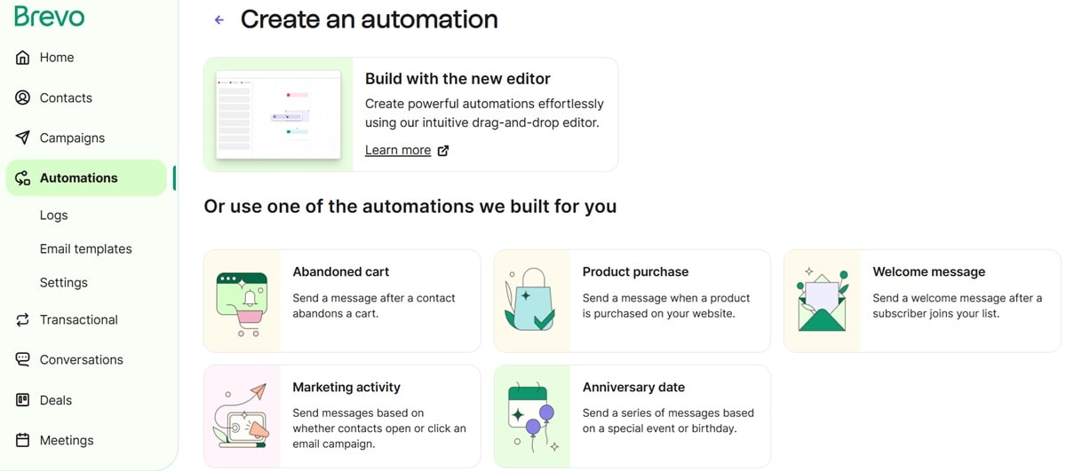 Brevo automation workflow templates displaying prebuilt campaigns for welcome series and customer retention strategies