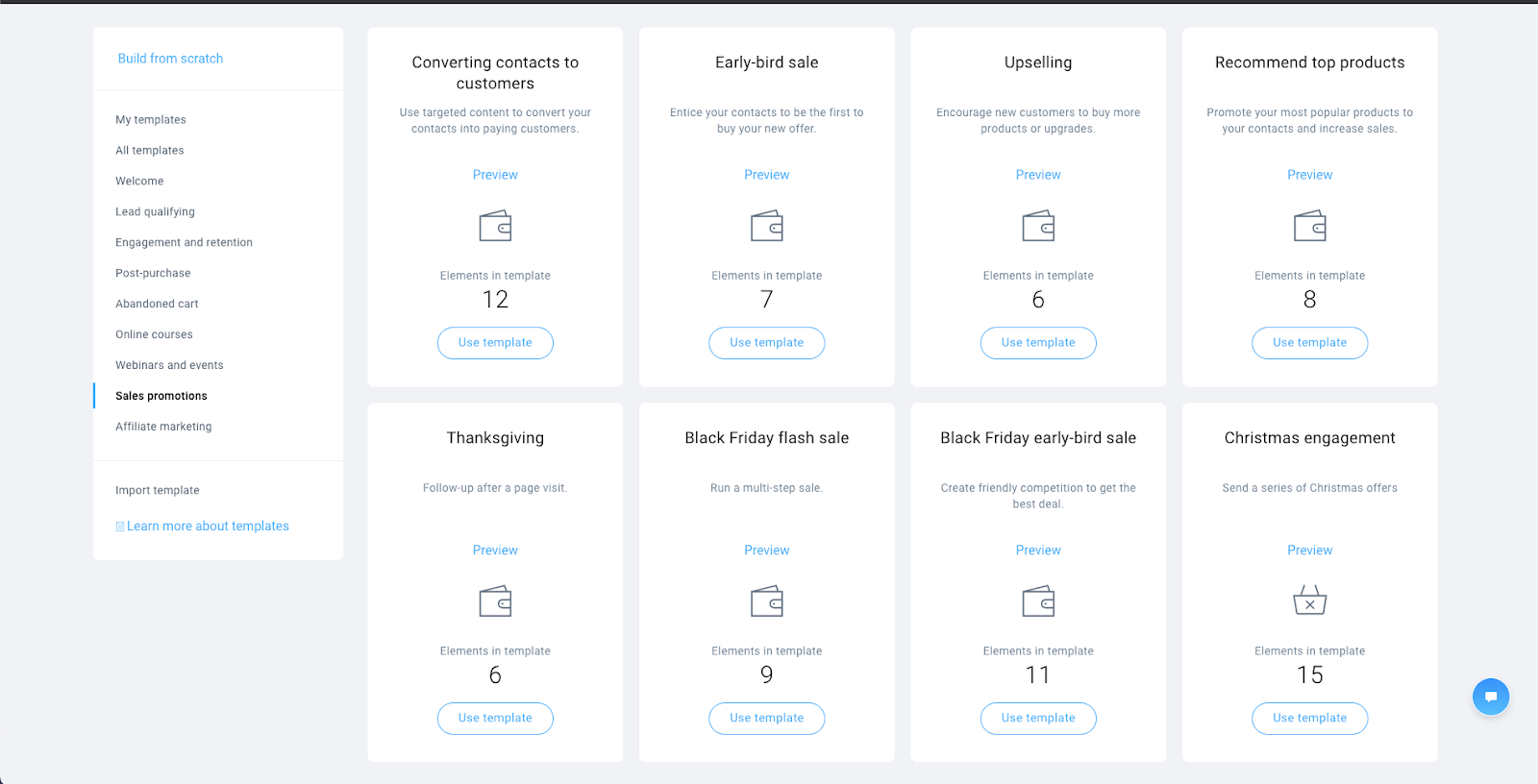 GetResponse automation workflow builder displaying prebuilt eCommerce templates for abandoned cart recovery and customer retention