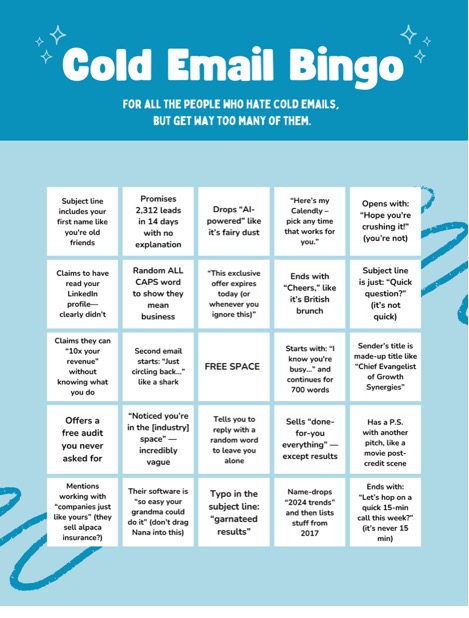 Cold Email Bingo card featuring common phrases like 'quick chat', 'just following up', and 'personalized video'