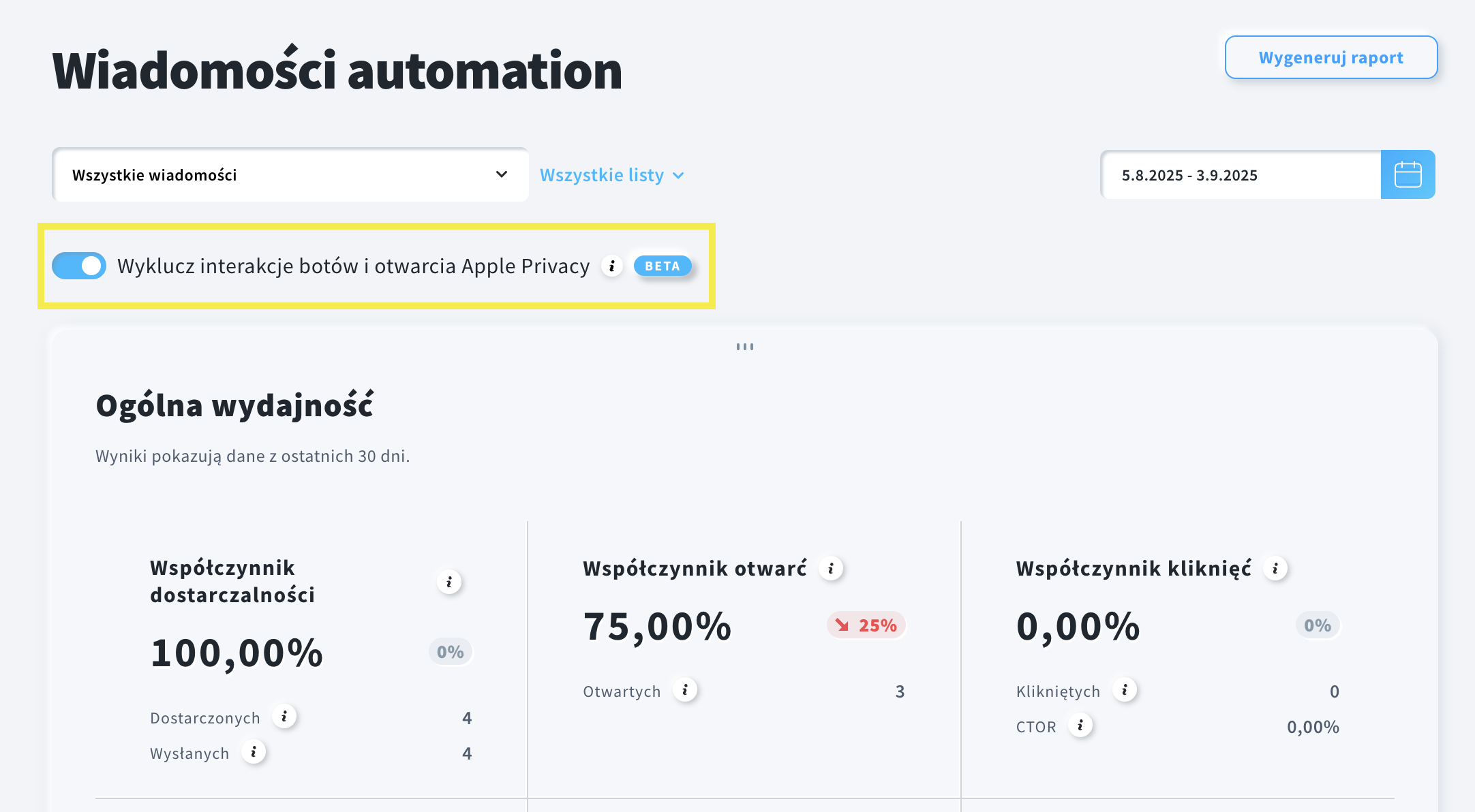 Funkcja Bot Detector w GetResponse umożliwiająca wykluczania interakcji botów i otwarć Apple Privacy w raportach kampanii email.
