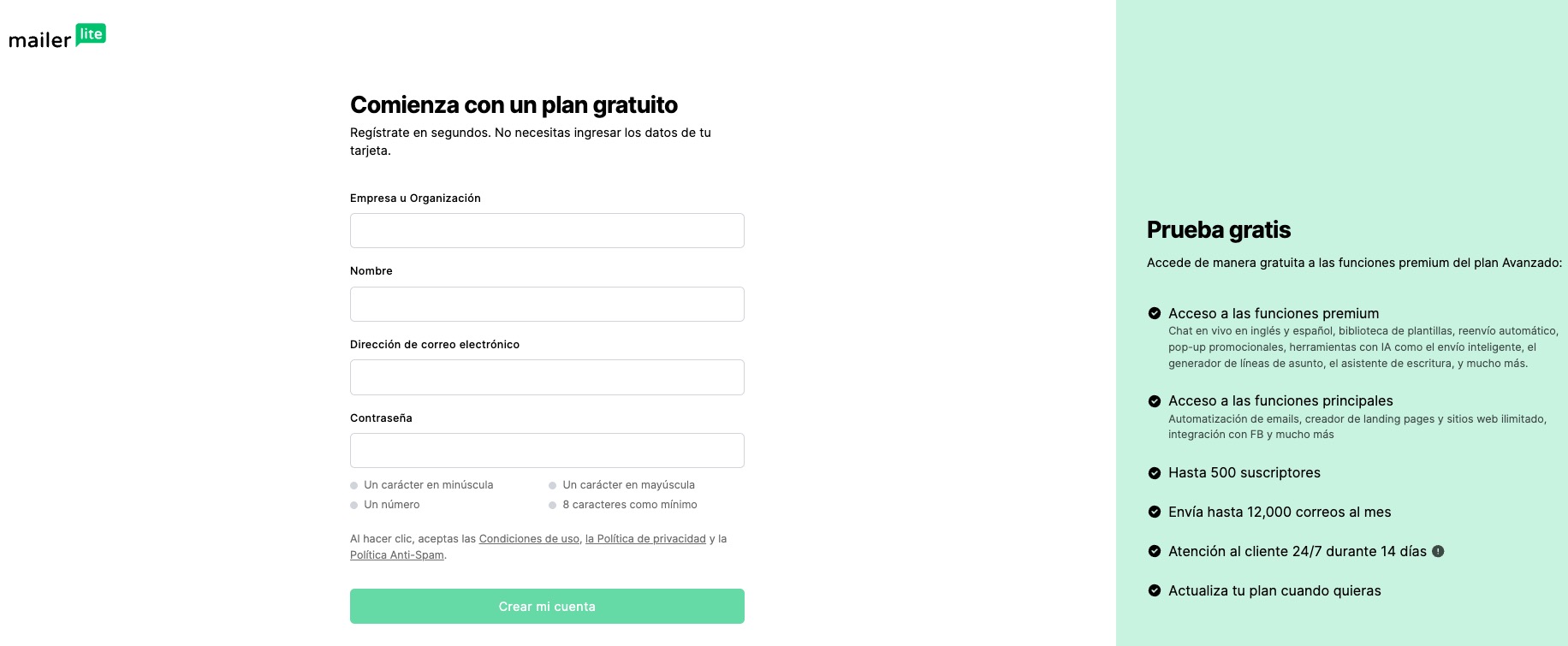 Pantalla de registro de MailerLite
