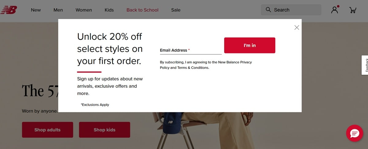 Exit-intent popup example showing email capture form with discount incentive for ecommerce lead generation