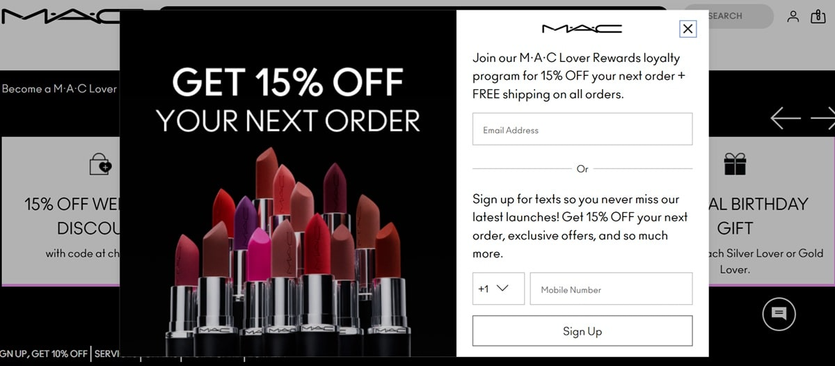 Mac Cosmetics loyalty program signup form with SMS alerts and rewards program integration
