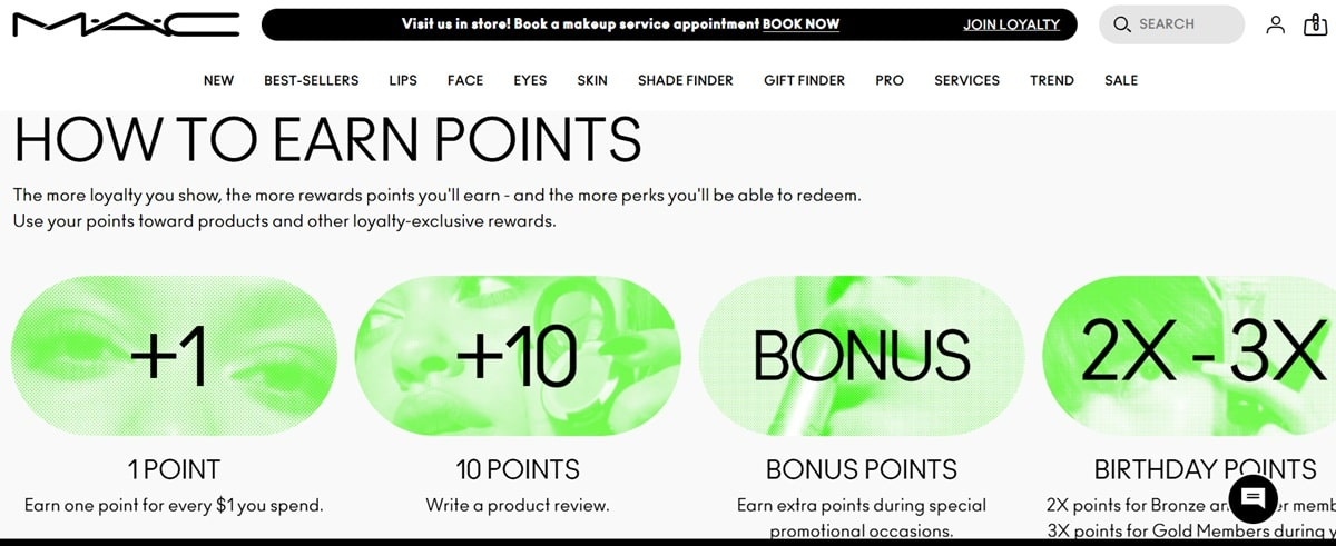 Mac Cosmetics loyalty program showing point earning opportunities for purchases, reviews, and referrals