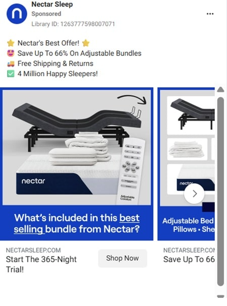 Nectar Sleep Facebook retargeting ad featuring social proof and money-back guarantee to address customer objections