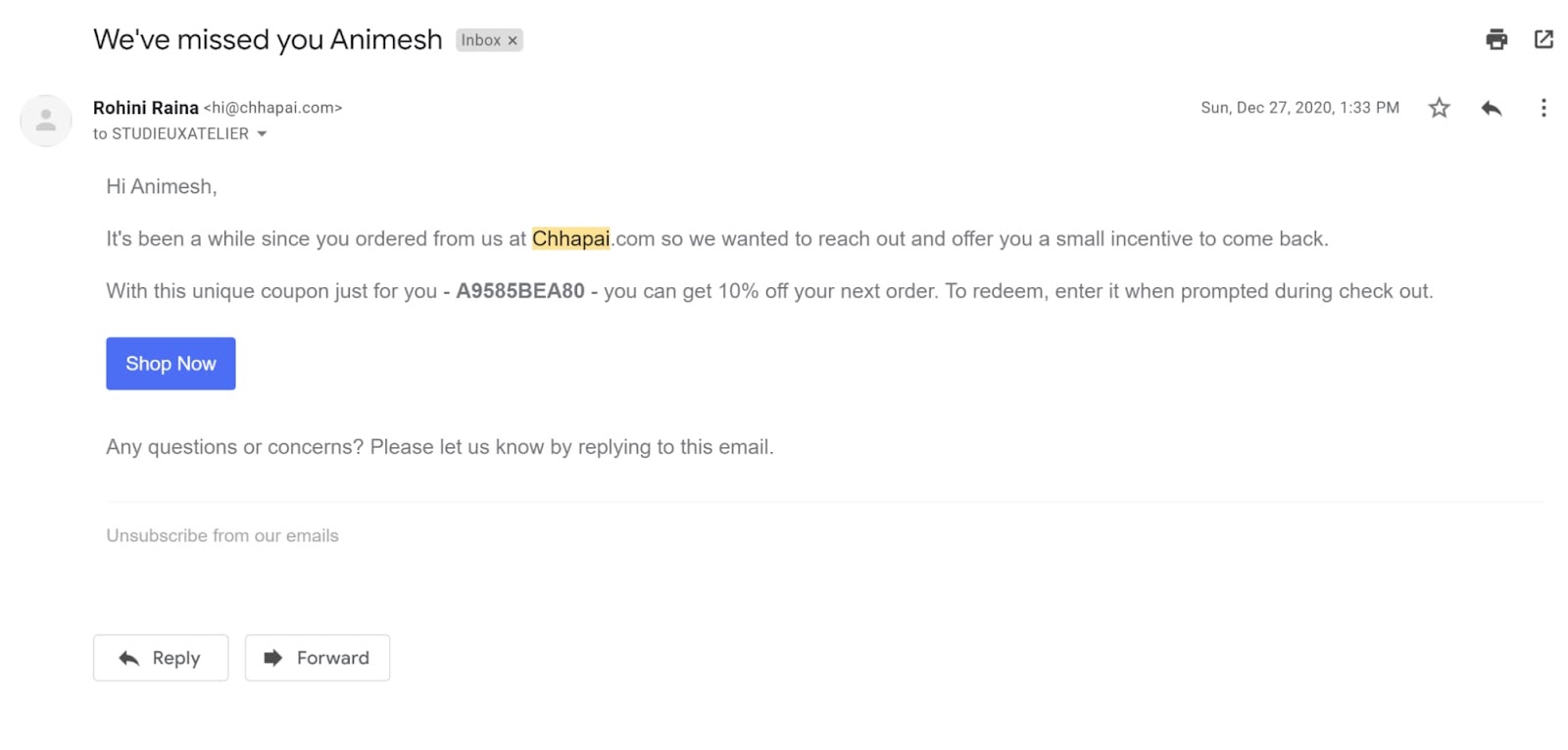Chhapai discount win-back email with clear special offer and focused call-to-action button