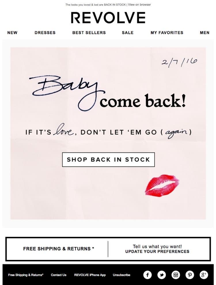 Revolve intimate win-back email with handwritten date and romantic language to re-engage female customers
