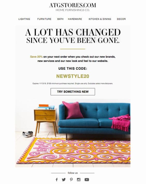 ATG Stores FOMO win-back email showcasing new brands and services to create urgency and exclusivity