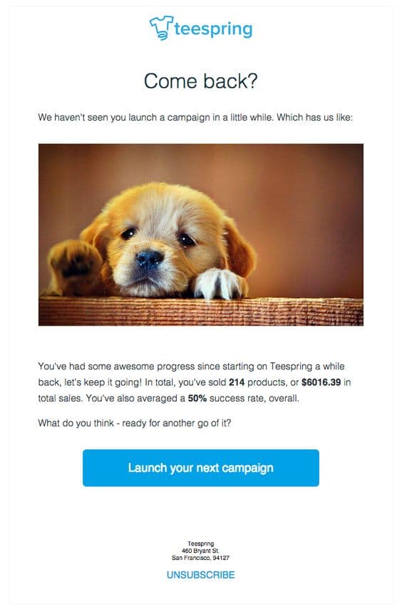Teespring emotional win-back email featuring sad puppy image and personalized account statistics