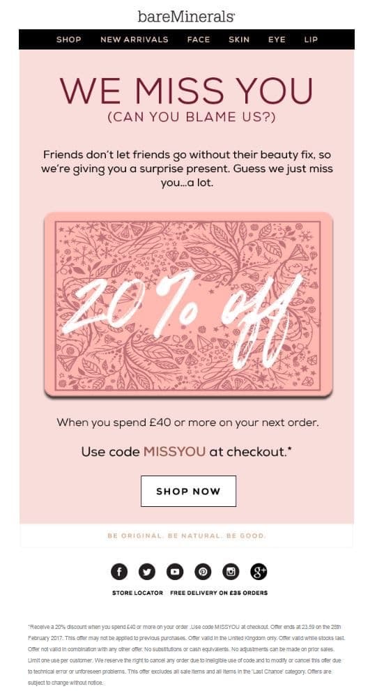 bareMinerals win-back email featuring 'We miss you' message with MISSYOU discount code and gift card offer