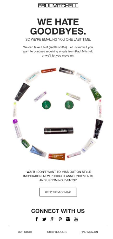 John Paul Mitchell Systems emotional final check-in email with sad face product arrangement and personalized message