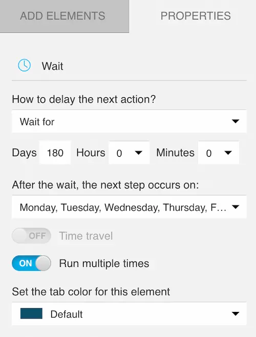 GetResponse wait element properties panel with run multiple times toggle enabled for recurring win-back campaigns