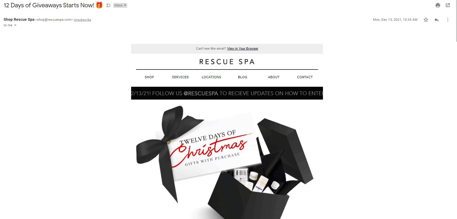 Rescue Spa limited-time offer email with 12-day countdown timer creating urgency and driving immediate action