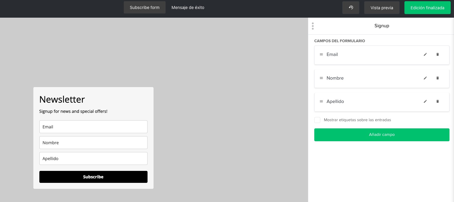 Editor de formularios incrustados de MailerLite.