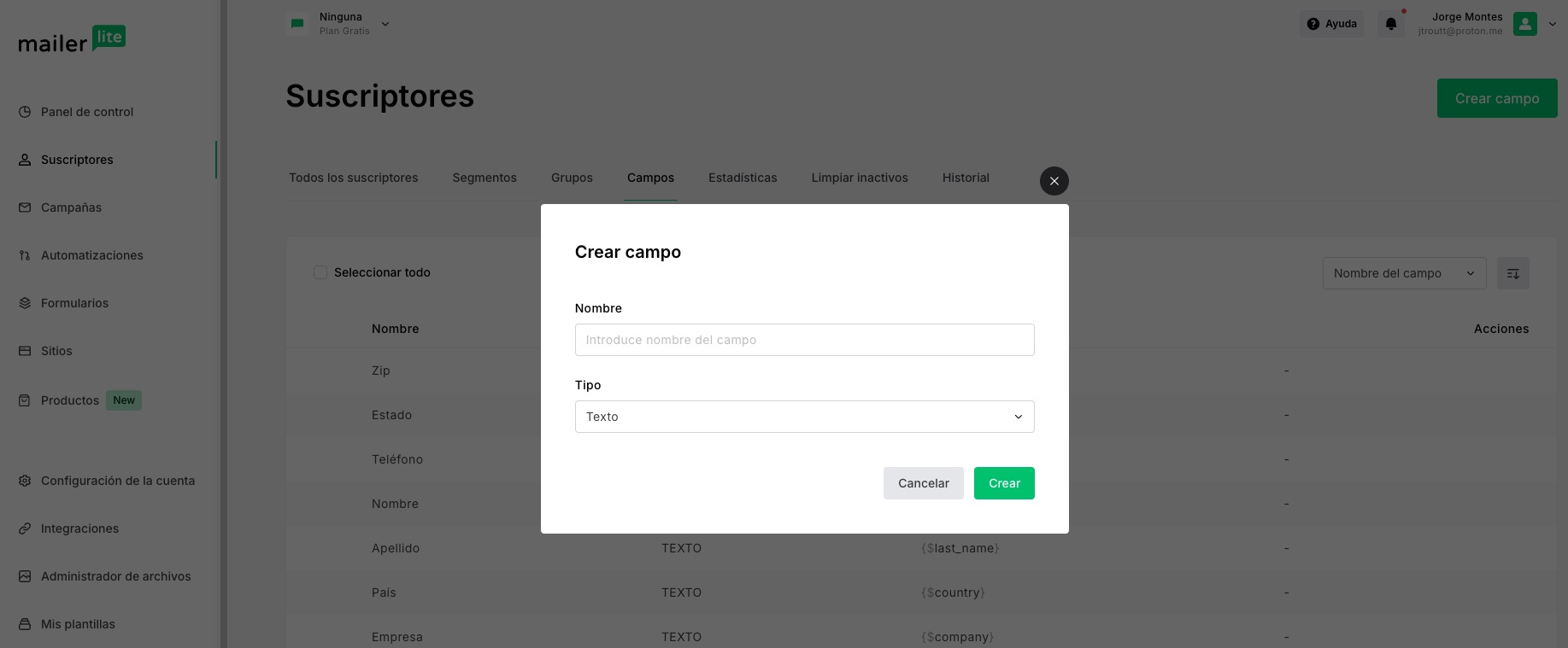 Campos personalizados de MailerLite.