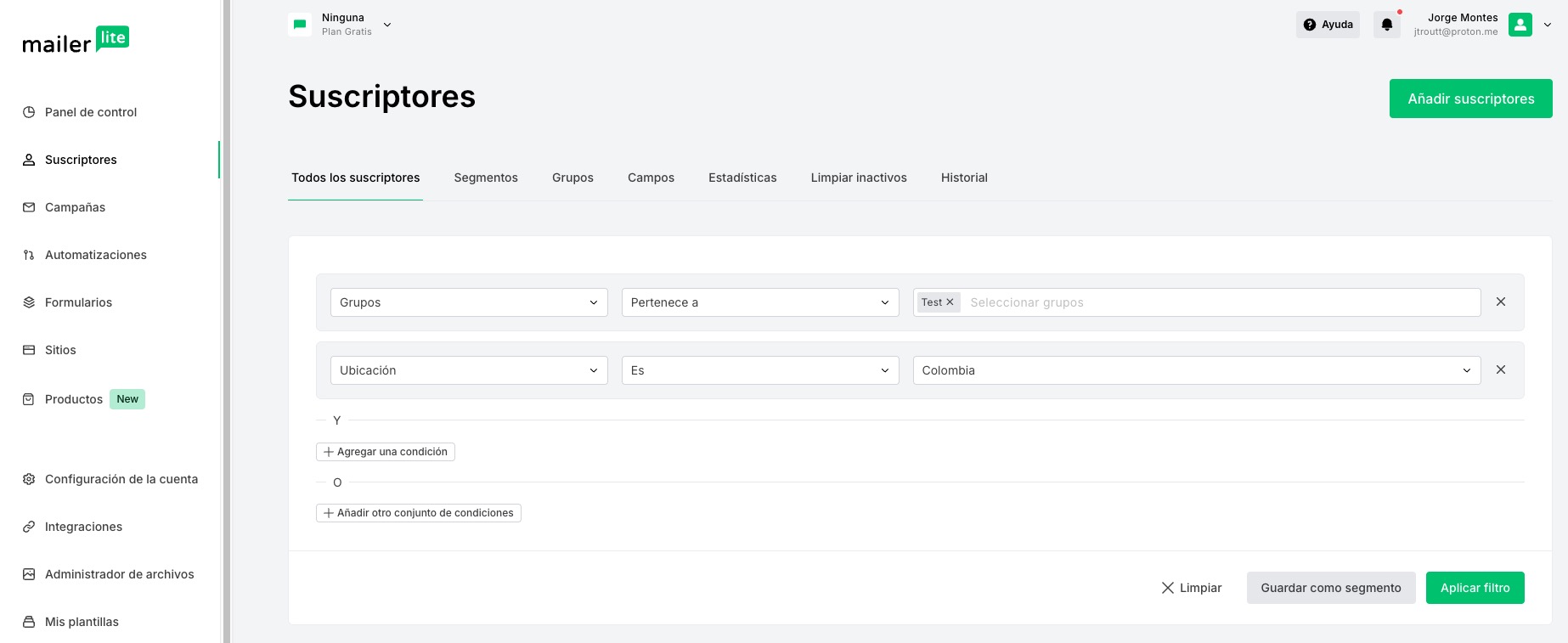 Segmentación de suscriptores de MailerLite.