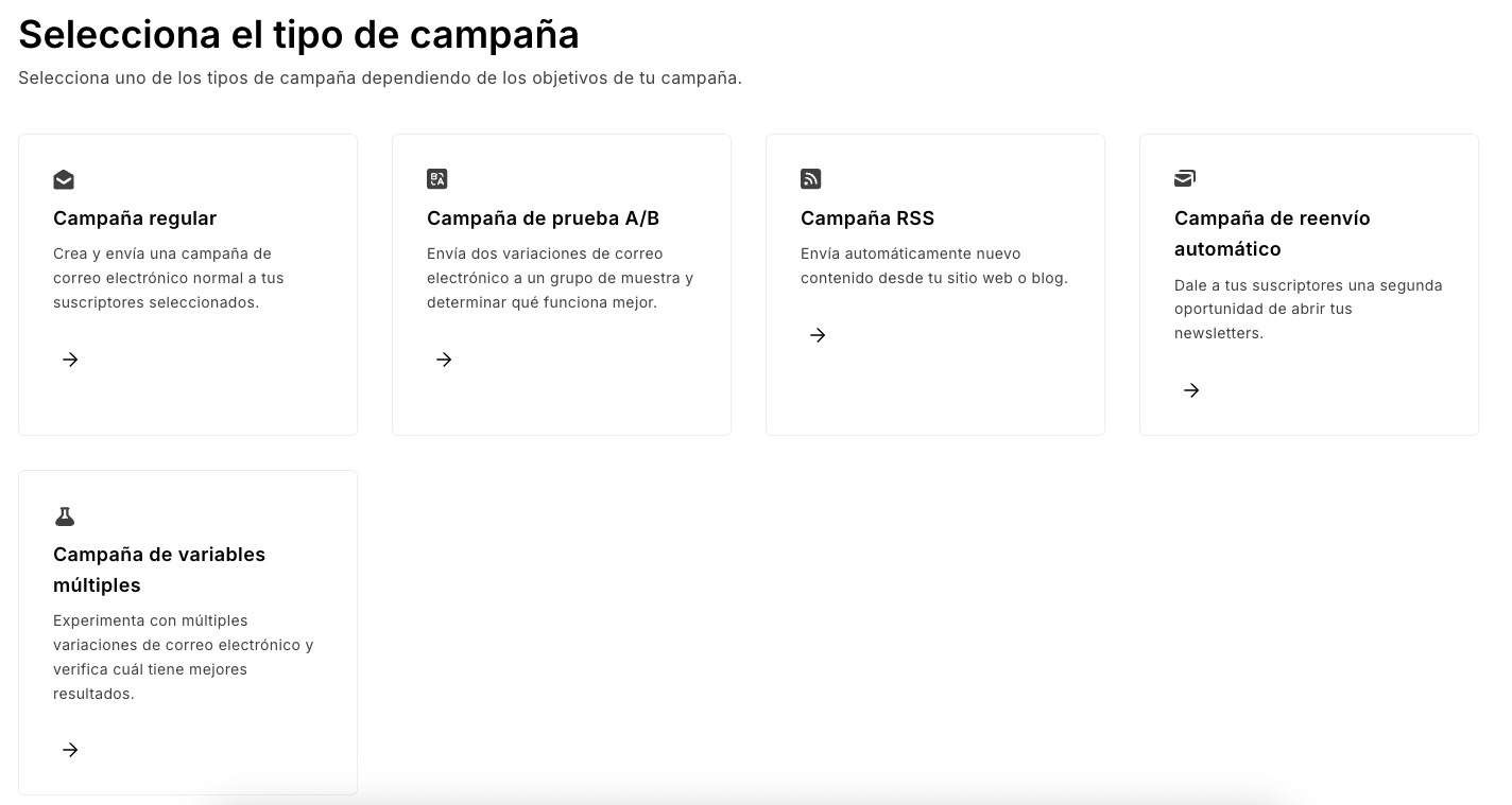 Interfaz de MailerLite: elige las opciones del tipo de campaña de correo electrónico.