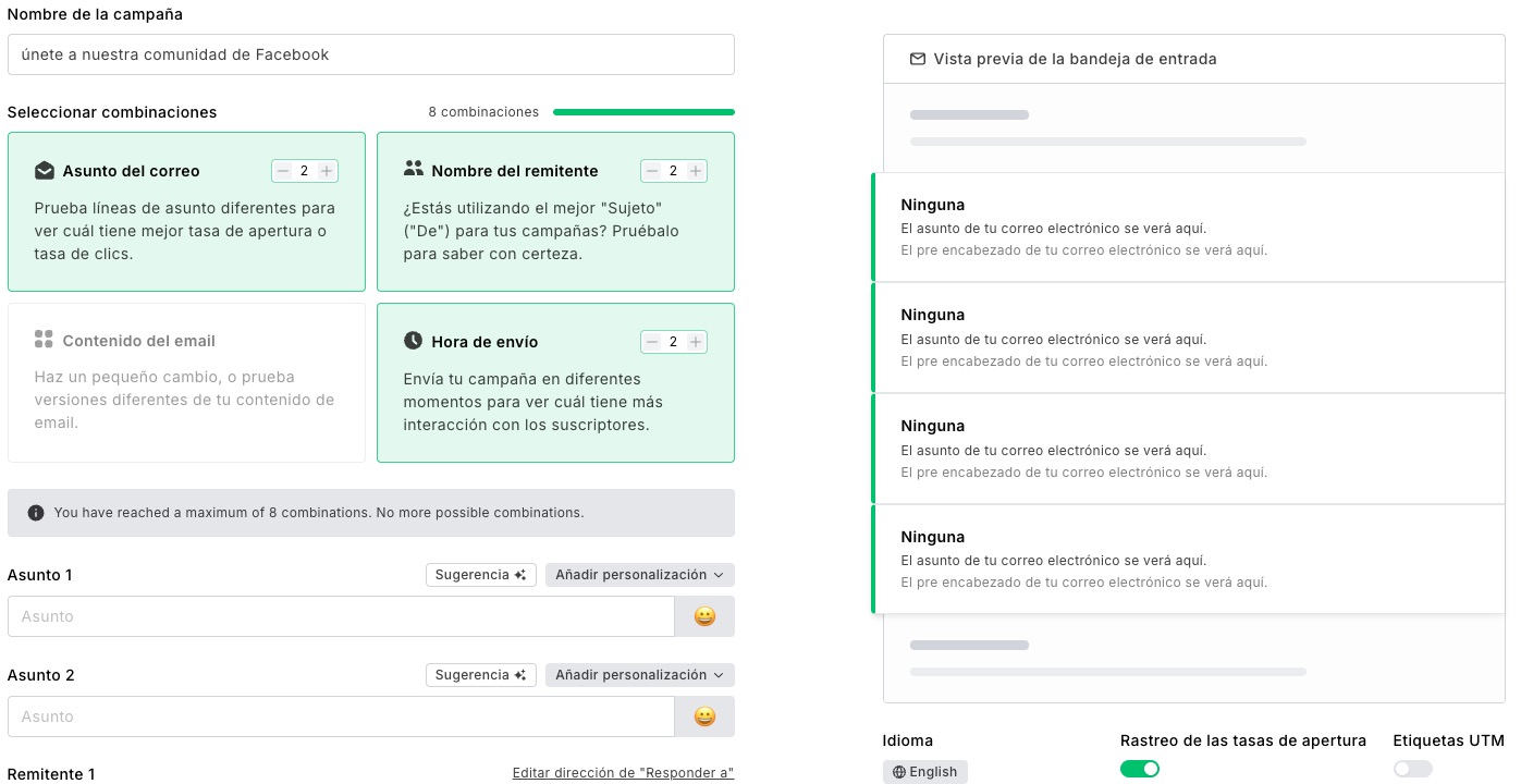 Interfaz de configuración de campaña multivariante.