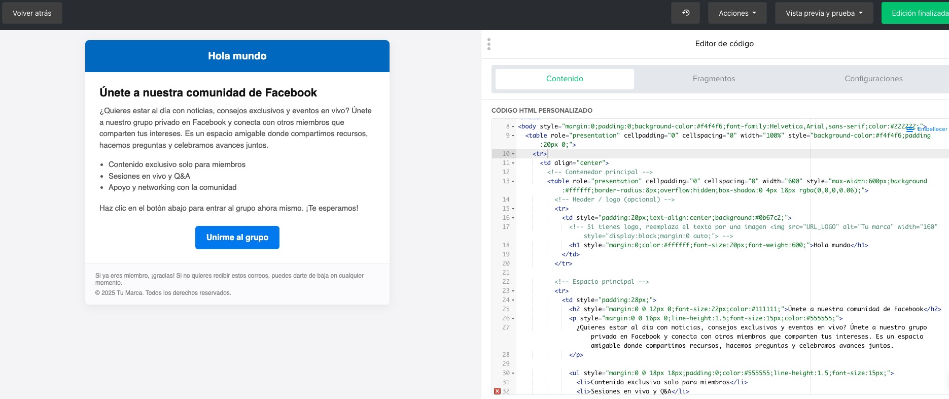 Herramienta de editor HTML de MailerLite.