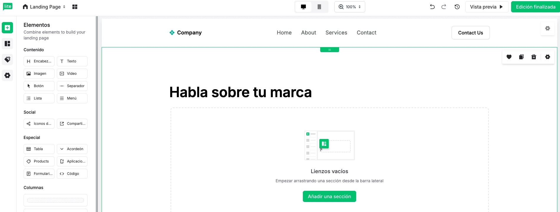 Herramienta de editor de landing pages de MailerLite.
