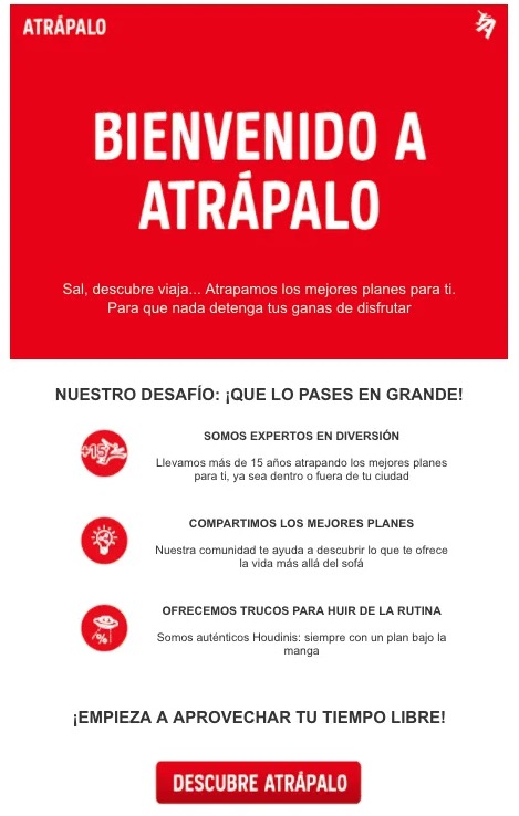 Plantilla de correo electrónico de bienvenida de Atrápalo