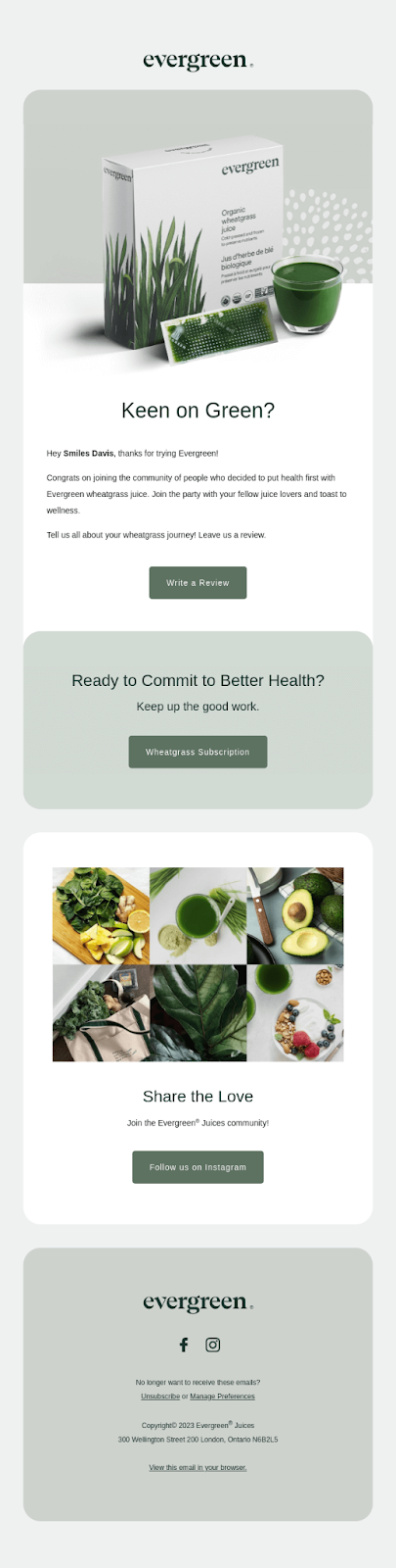 Evergreen Juices review request email with subscription cross-sell