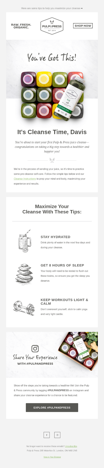 Pulp & Press product tips email with UGC encouragement