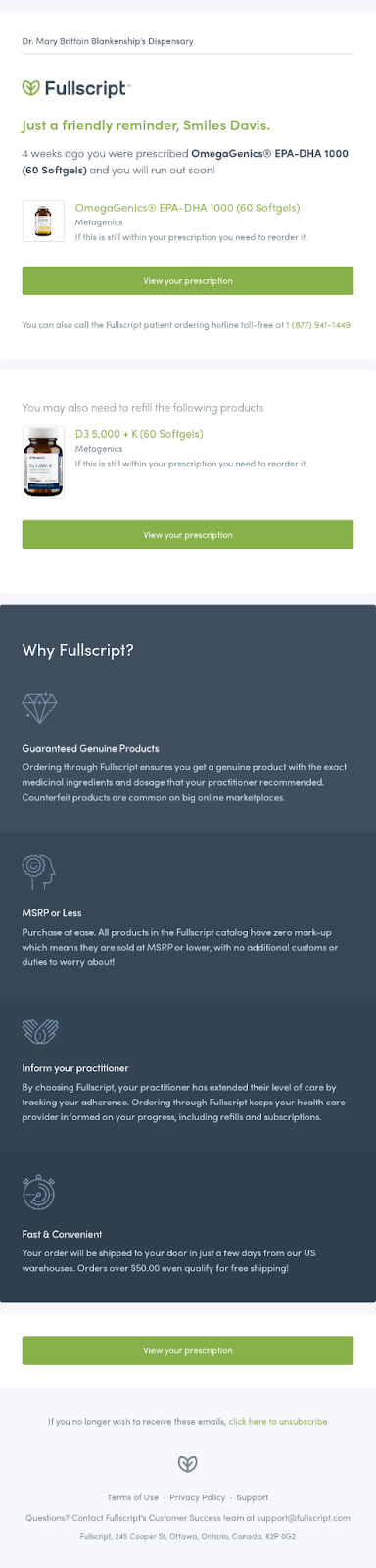 Fullscript replenishment reminder email for supplement reorders