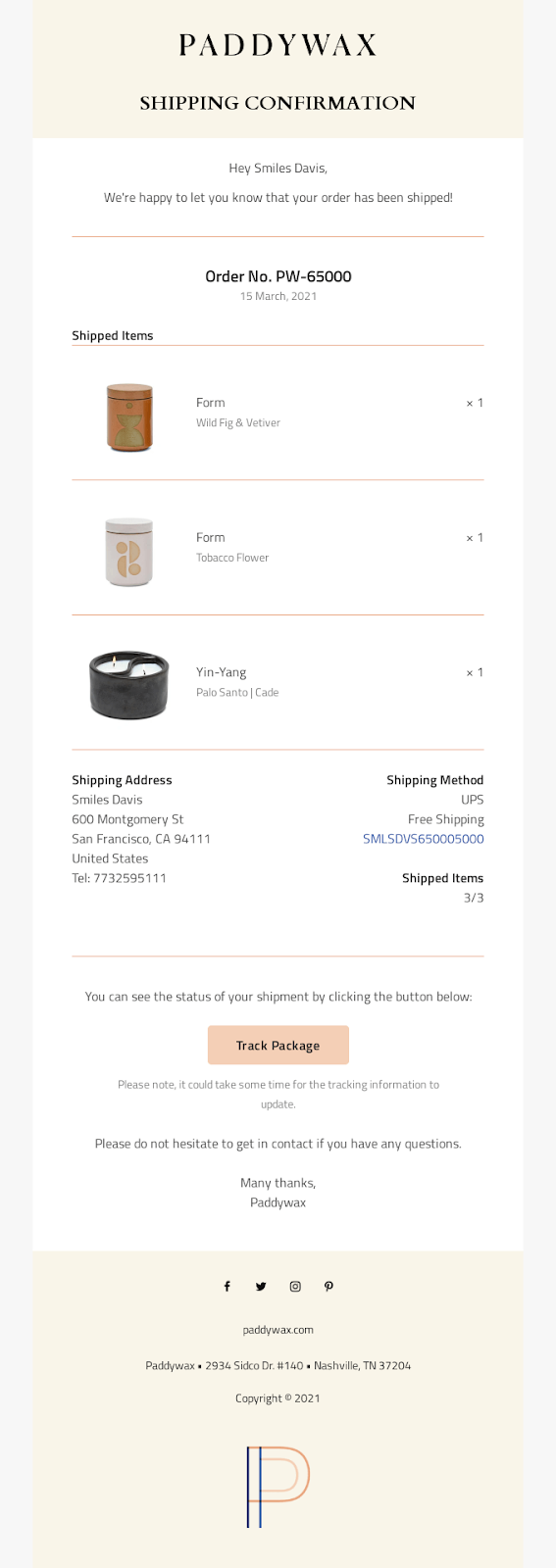 Paddywax shipping confirmation email with tracking link and delivery details
