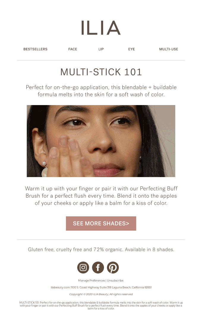 Ilia product guide email with tutorials and helpful resources