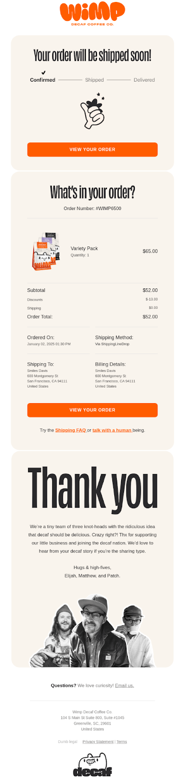 Order confirmation email example with personalized thank you note