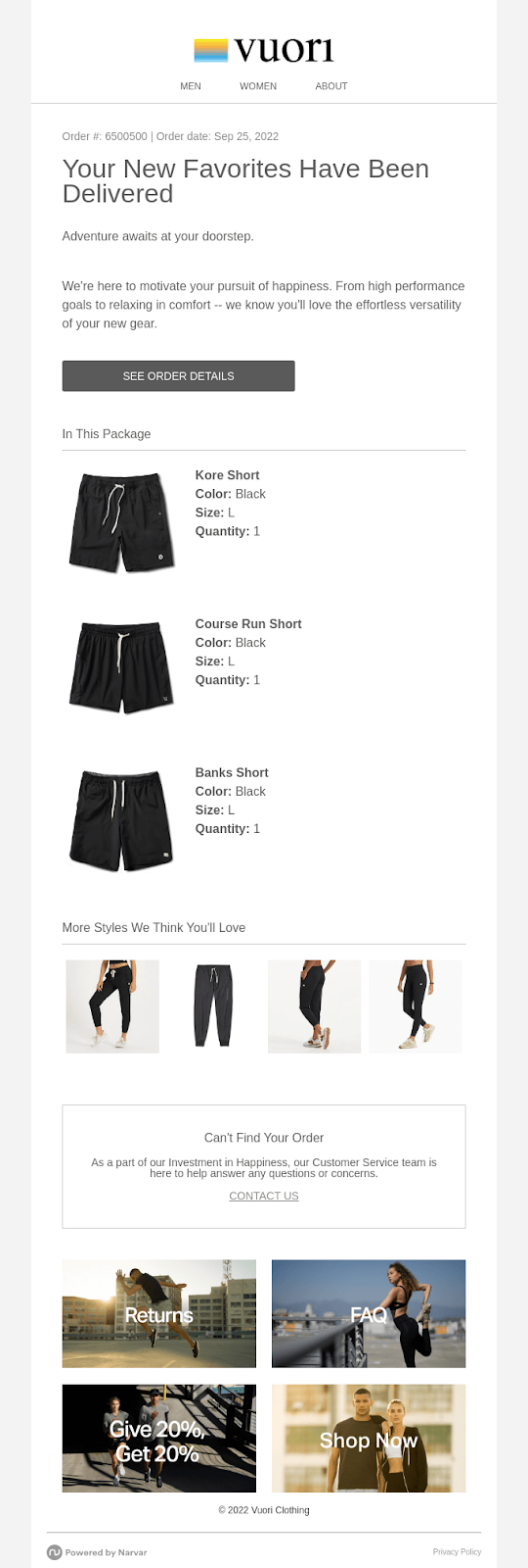 Vuori order delivery confirmation email with cross-sell recommendations
