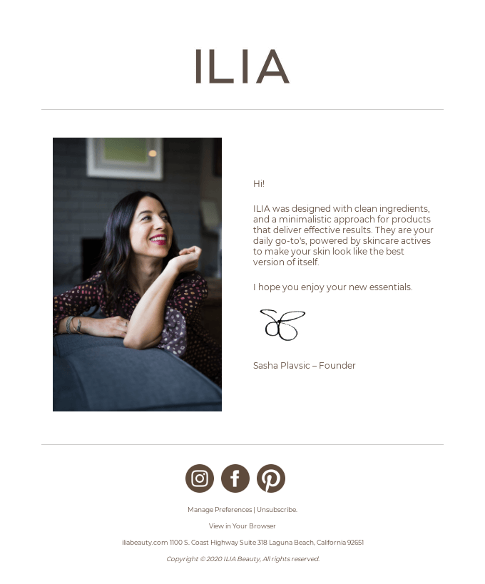 Ilia founder thank you email explaining brand values and mission