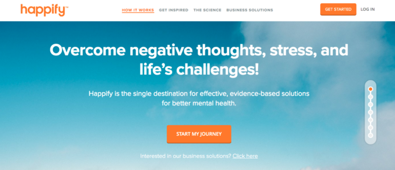 happify homepage titled overcome negative thoughts, stress, and life's challenges