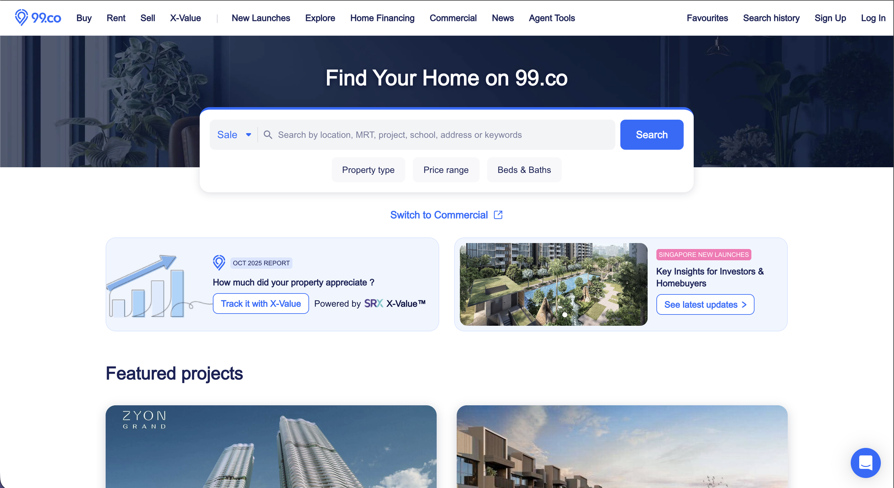 99.co website with a scroll CTA and a Chatbot